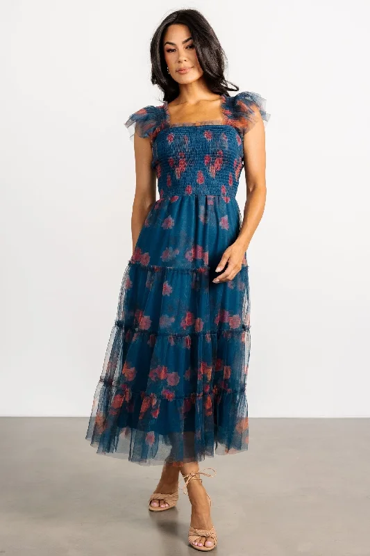 Clementine Tulle Midi Dress | Persian Blue + Rust