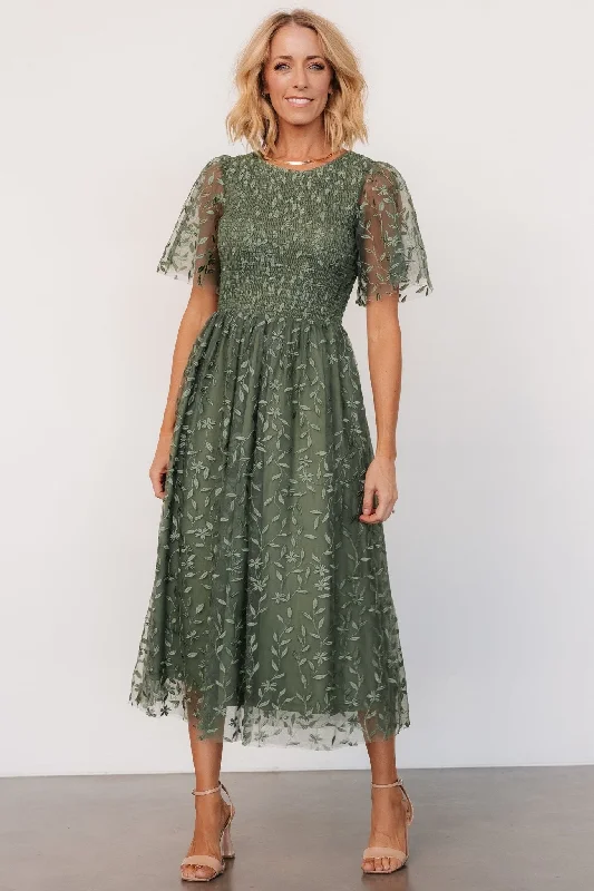 Kendra Embroidered Dress | Dark Sage