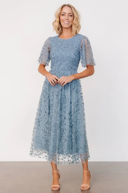 Kendra Embroidered Dress | Dusty Blue