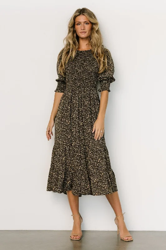 Pele Tiered Midi Dress | Black Floral