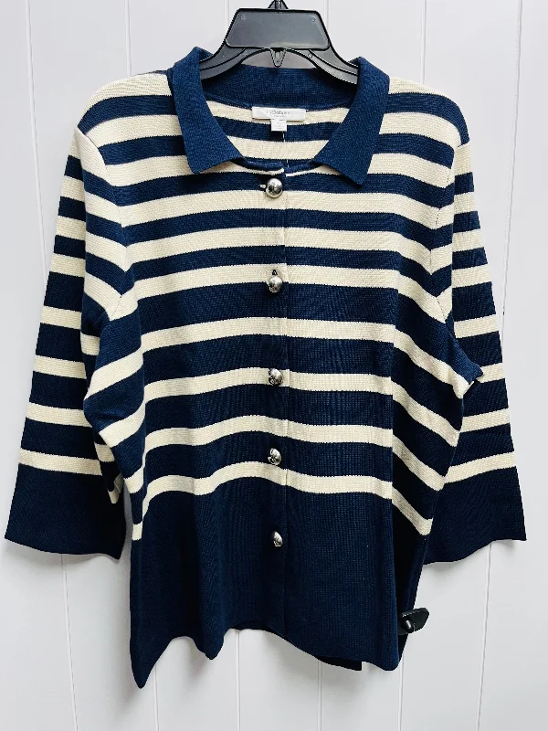 Sweater Cardigan By Liz Claiborne In Blue & White, Size: Xl