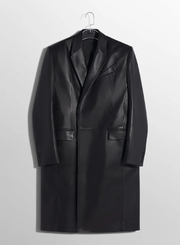 black single-breasted leather coat