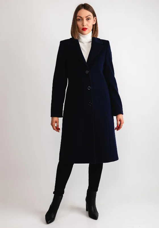 Christina Felix Classic Tailored Wool Cashmere Blend Long Coat, Navy