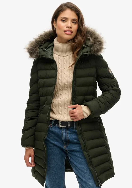 Superdry Fuji Faux Fur Hooded Coat, Green