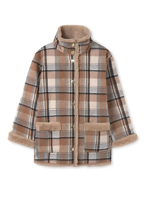 Mayoral Older Girl Faux Fur Lined Check Coat, Multi