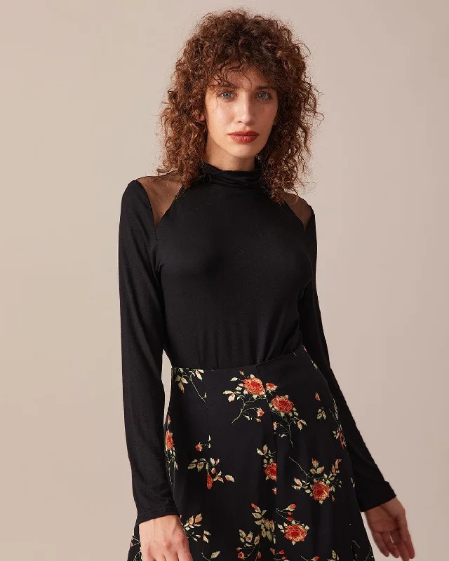 The Black Turtleneck Sheer Splicing Tee