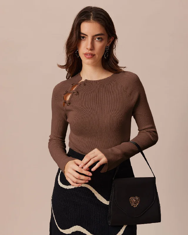 The Brown Ribbed Cut Out Bowknot Knit Top