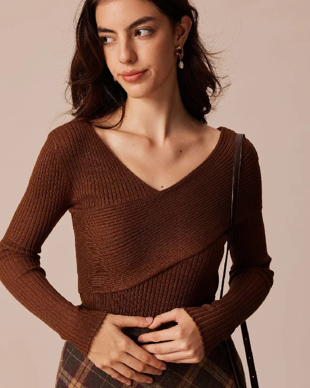 The Coffee V Neck Criss-Cross Wrap Knit Top