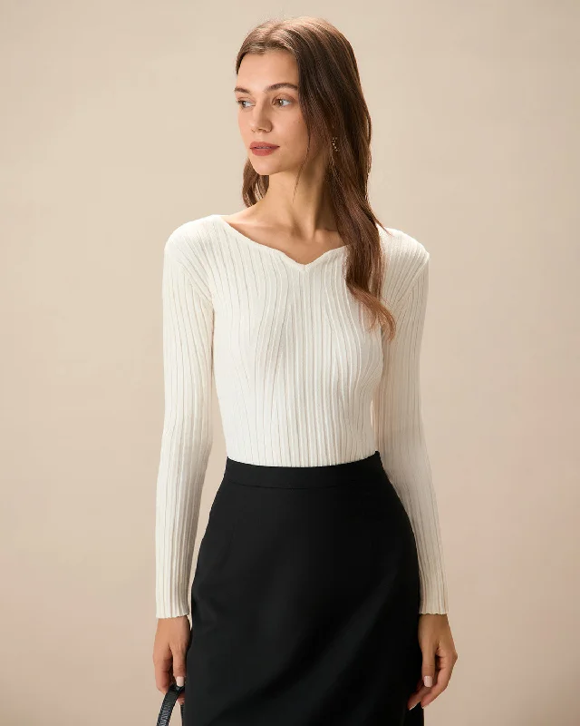 The White V Neck Teardrop Ribbed Knit Top