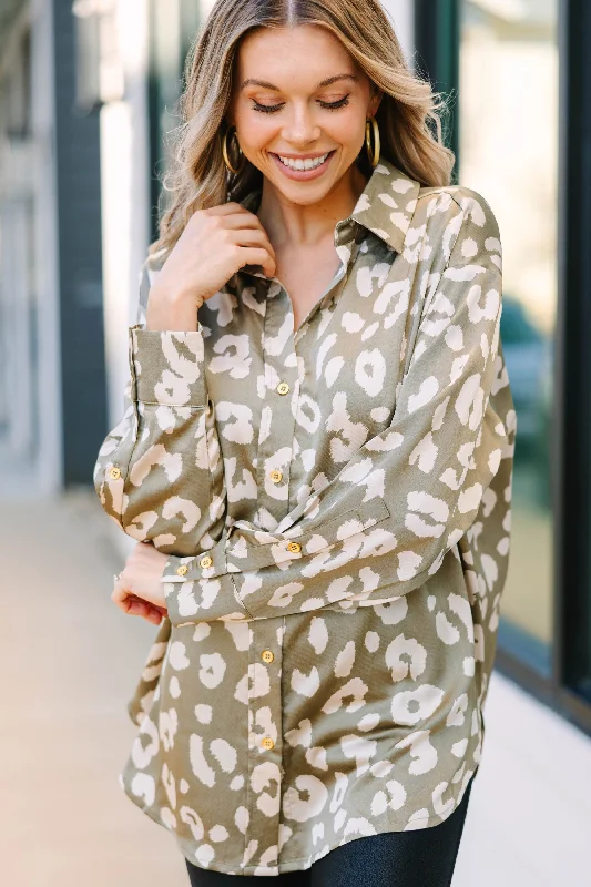 Wild Ways Sage Green Leopard Satin Blouse